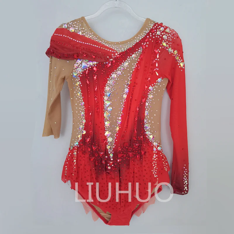 LIUHUO Rhythmic Gymnastics Leotards Girls Performance Emerald Red Print Shiny Rhinestone