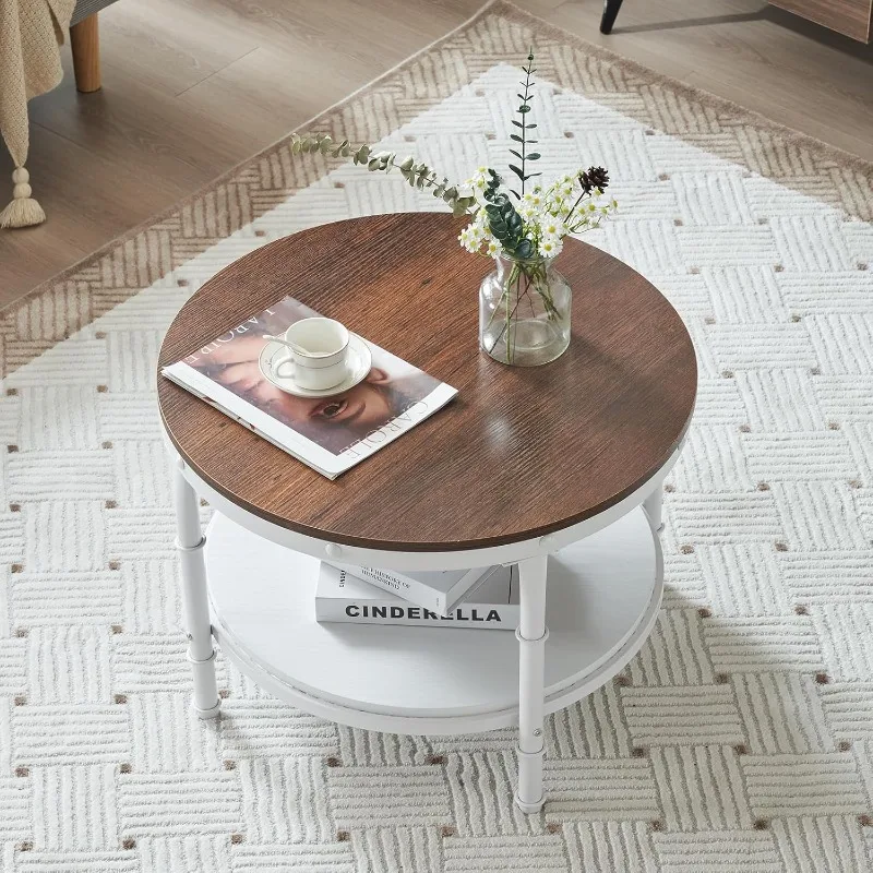 25.6" Rustic Oak White Round Farmhouse Coffee Table, 2-Tier Storage Wood Center Circle Accent Table for Living Room