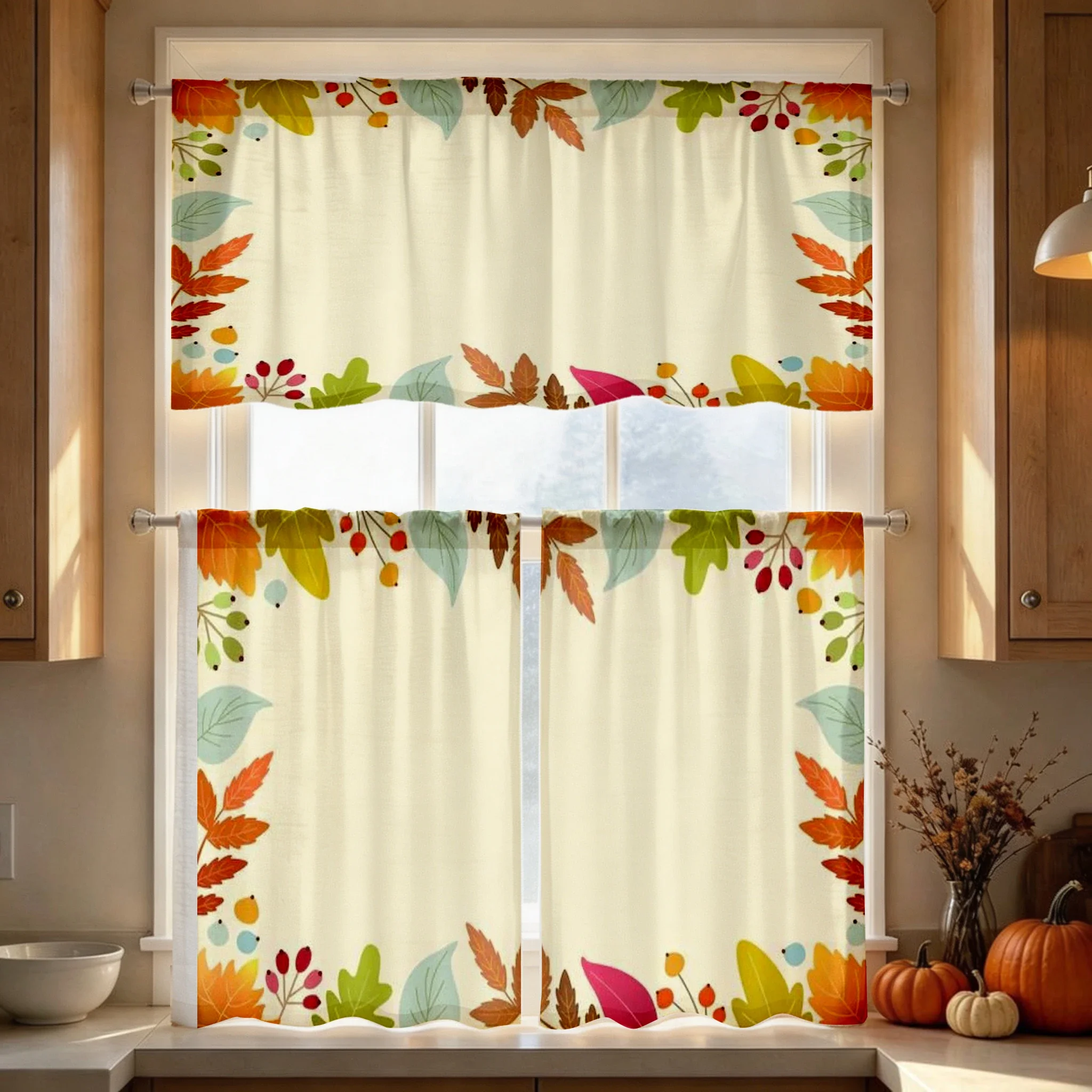 Thanksgiving Fall Kitchen Curtains, Colorful Leaf Berry, Digital Print, Kitchen Dining Room, Rod Pocket Polyester, Home Decor