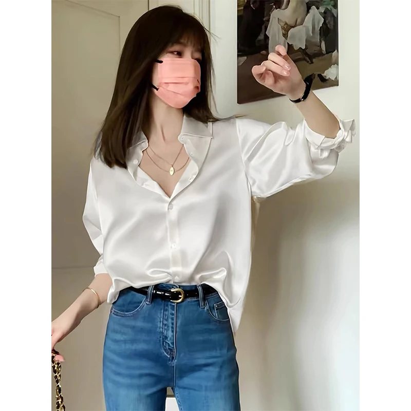 Women Spring Korean Simplicity Loose Solid Color Polo-Neck Long Sleeve Shirts Women Clothes Casual All-match Office Lady Tops