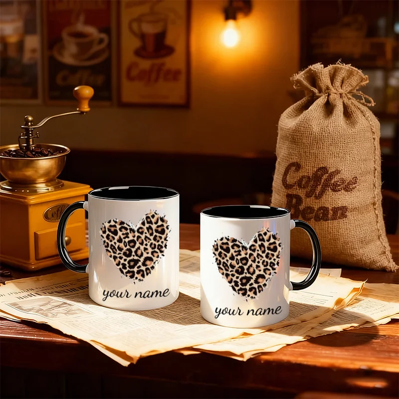 11oz Personalized Custom Coffee Cup Leopard Print Love Ceramic Coffee Cup Fun Printed Water Cup Mug Safe Gift with Name