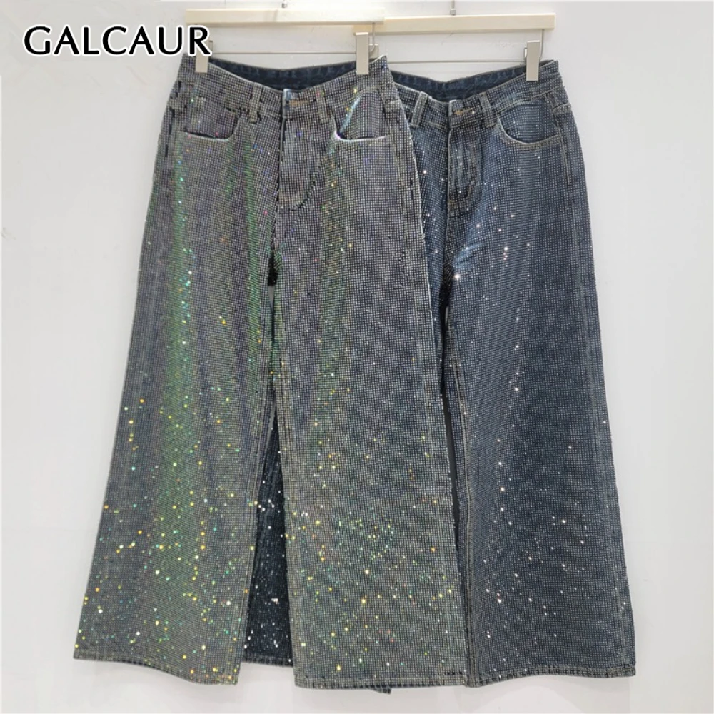 

Брюки женские GALCAUR с эффектом страз, шикарные, с высокой талией, свободного кроя, в уличном стиле, широкие штанины, осенняя новинка