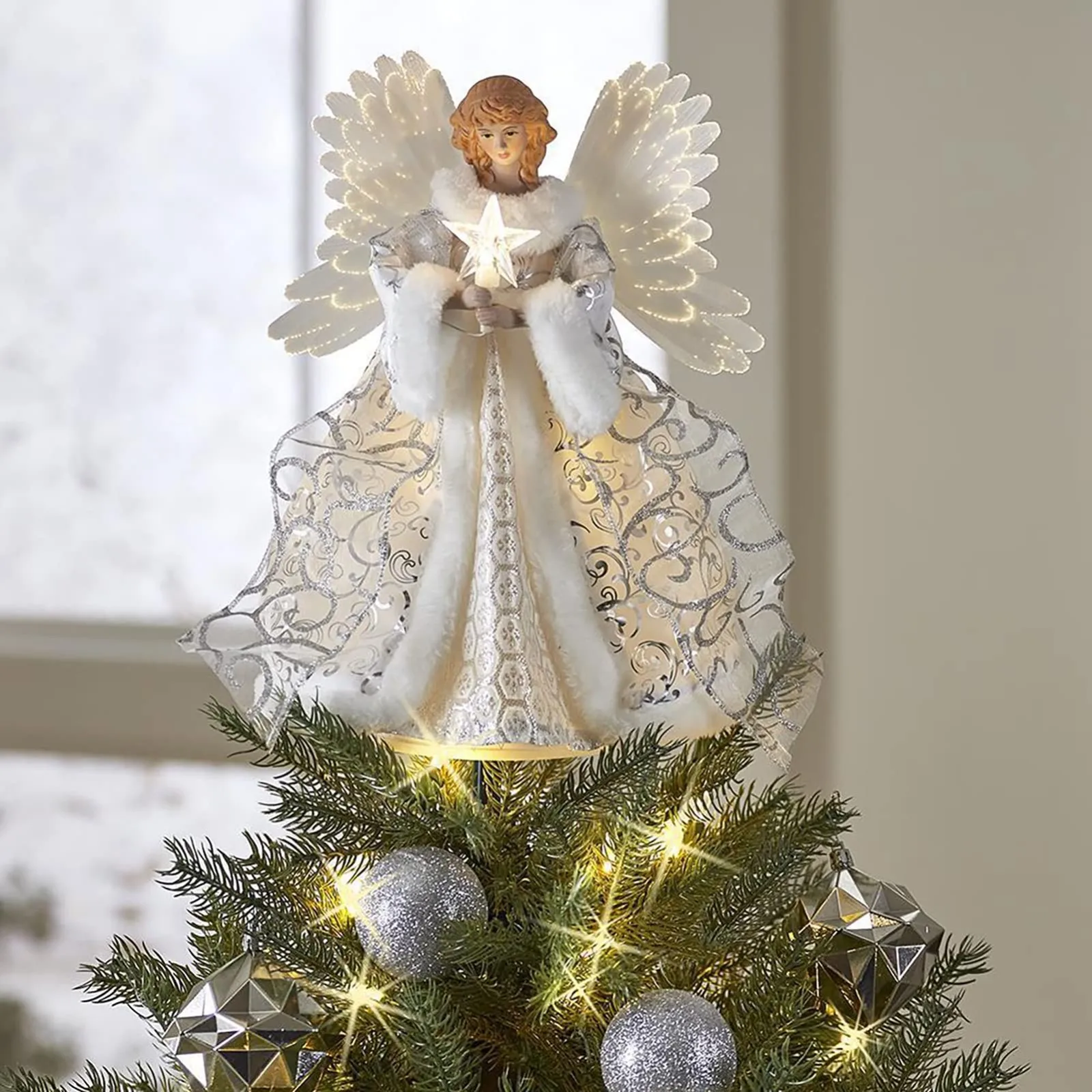 Christmas Tree Topper White Angel Decoration With Light Glow Xmas tree Glowing angel doll Pendant party angel luminous ornaments