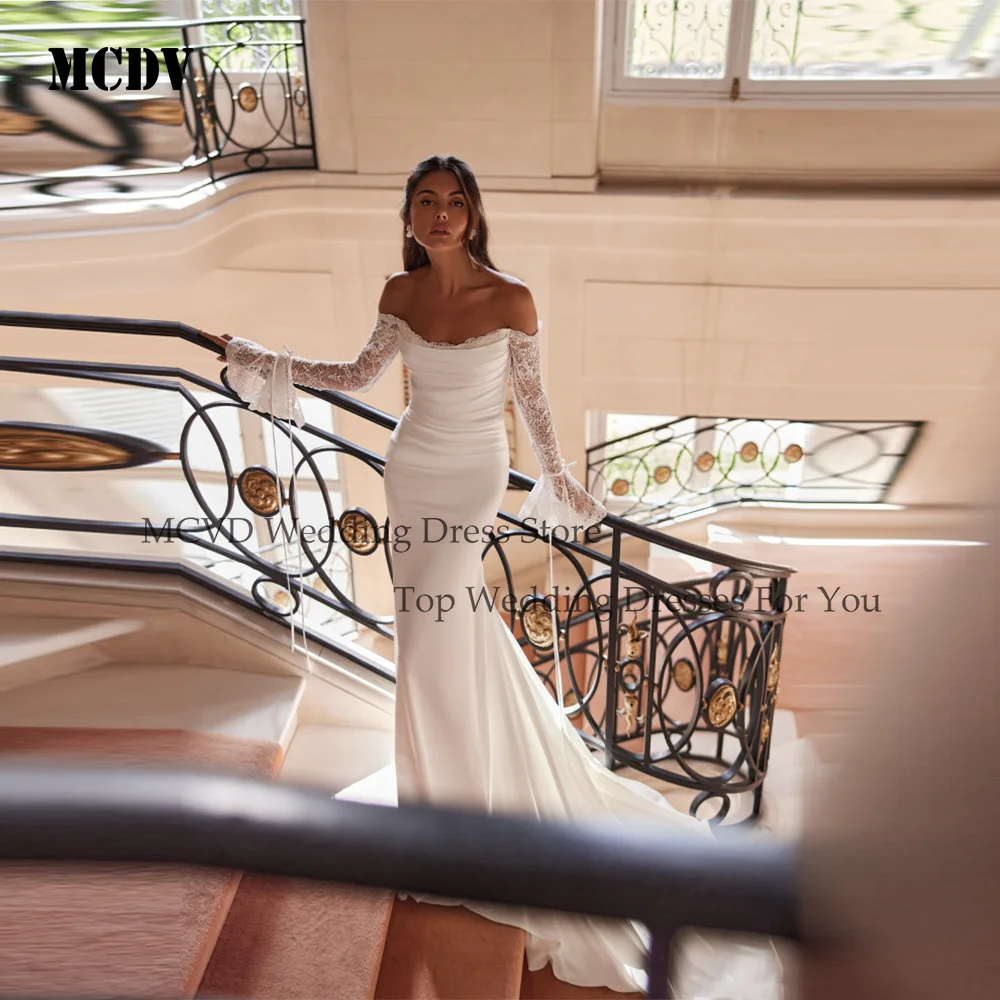 

MCDV Boho Off Shoulder Wedding Dress Strapless Lace Customized White Ivory Long Sleeves Mermaid Bridal Gown Robe De Mariée