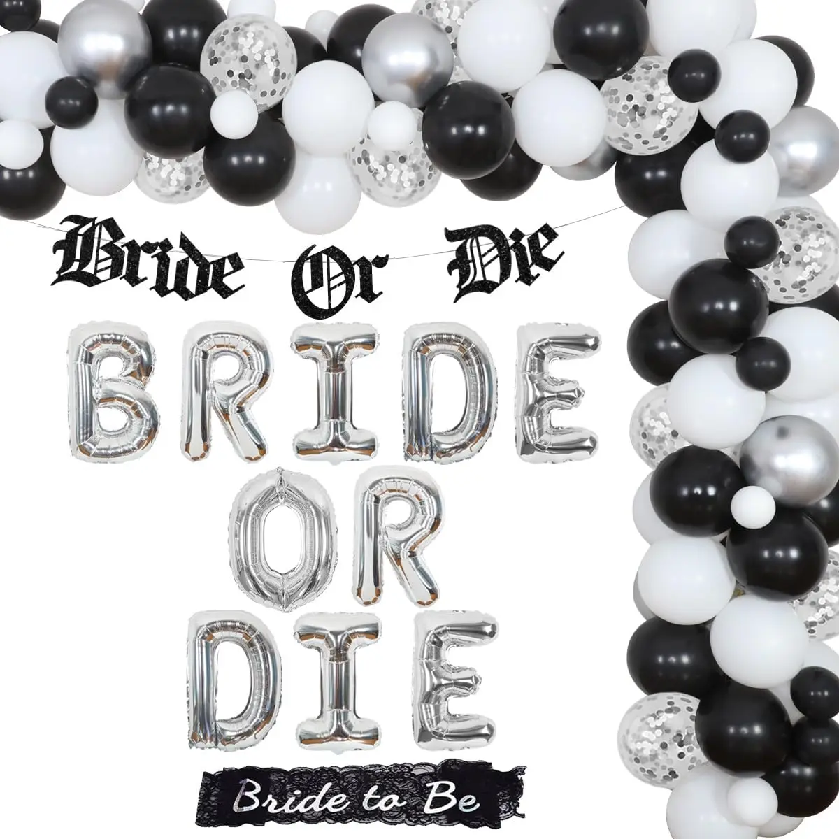 

Gothic Bachelorette Party Decorations, Black, Silver, Bride, Die Banner, Ring Balloon, Bride To Be Sash, Bridal Shower, Hen Part