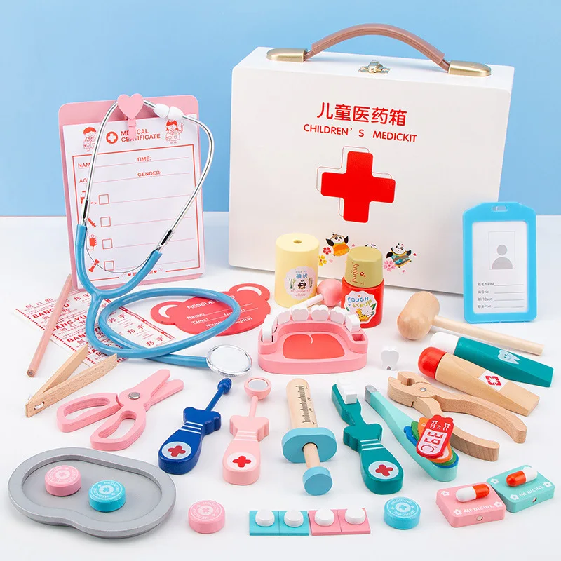 Children's Doctor Toy Set Small Nurse Injection Tool Wooden Simulation Medicine Box Boys And Girls Learn To Play House Bravely