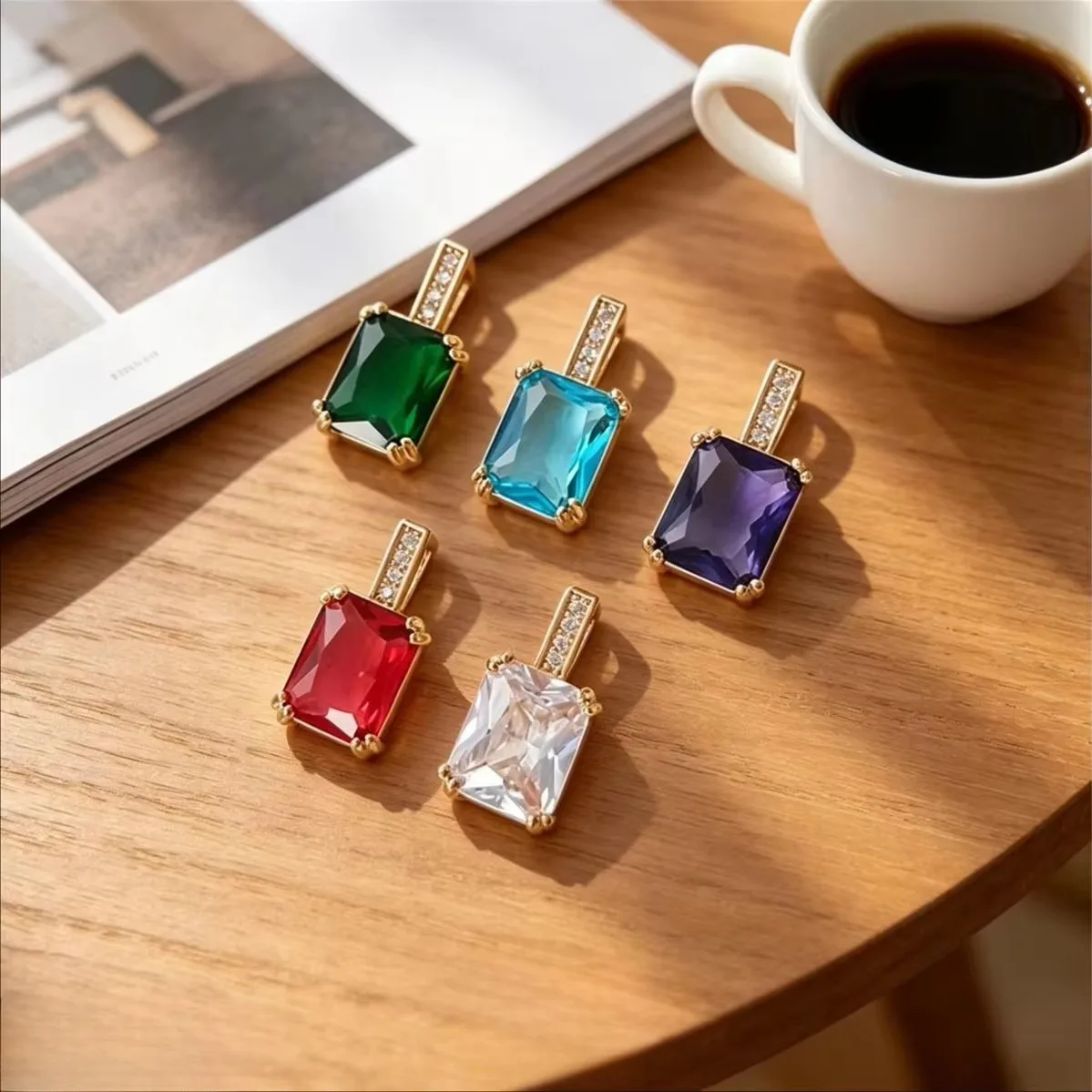 Brass 14K Real Gold Plated Rectangle CZ Connected Charms Pendant DIY Choker Necklace Handmade Jewelry Accessories