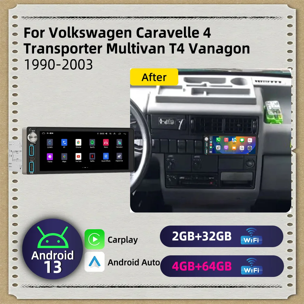 Carplay Android for VW Volkswagen Caravelle 4 Transporter Multivan T4 Vanagon 1990-2003 1Din Car Stereo GPS Multimedia Radio