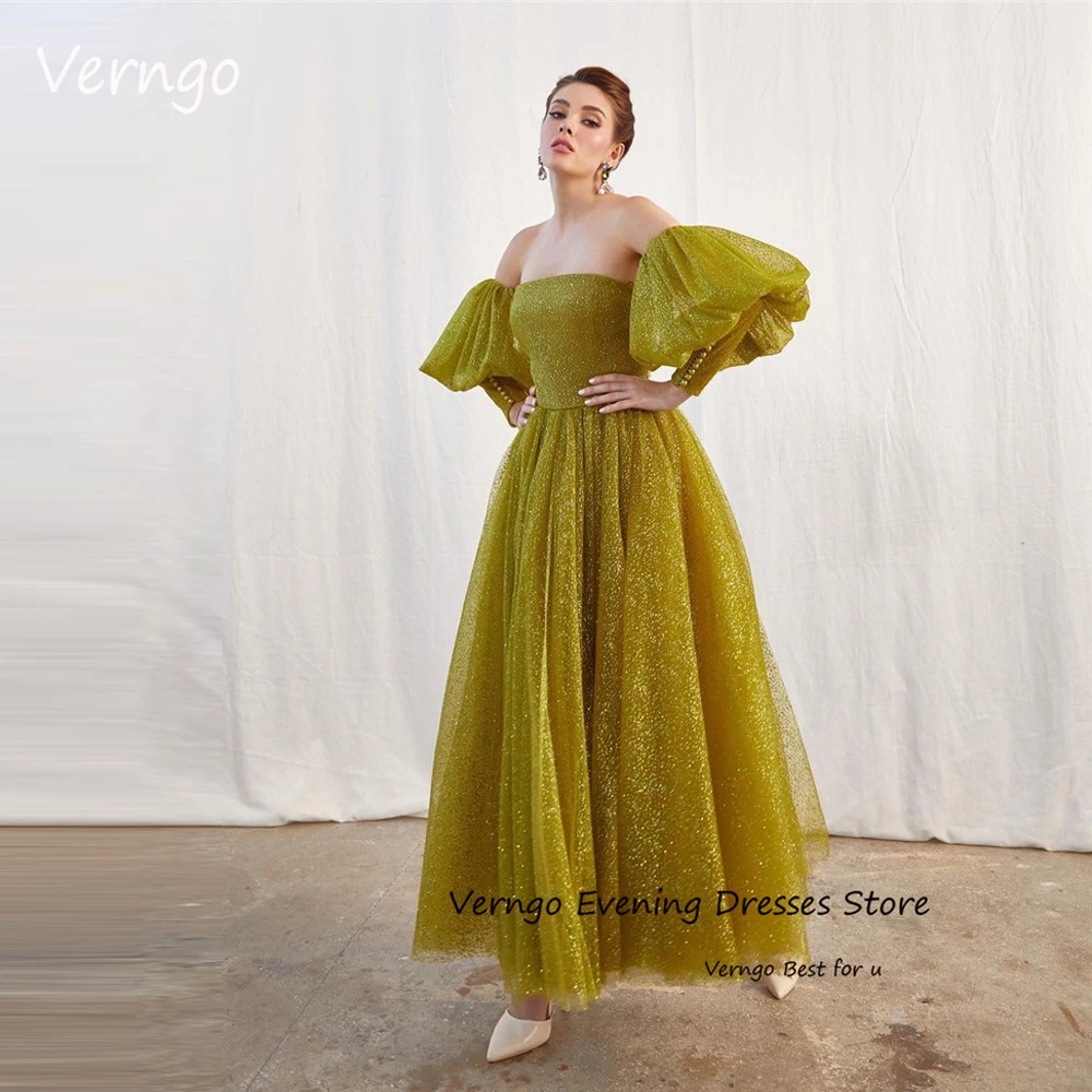 

Verngo 2023 Glitter A Line Army Green Tulle Evening Dresses Puff Long Sleeves Strapless Ankle Length Prom Gowns Formal Party