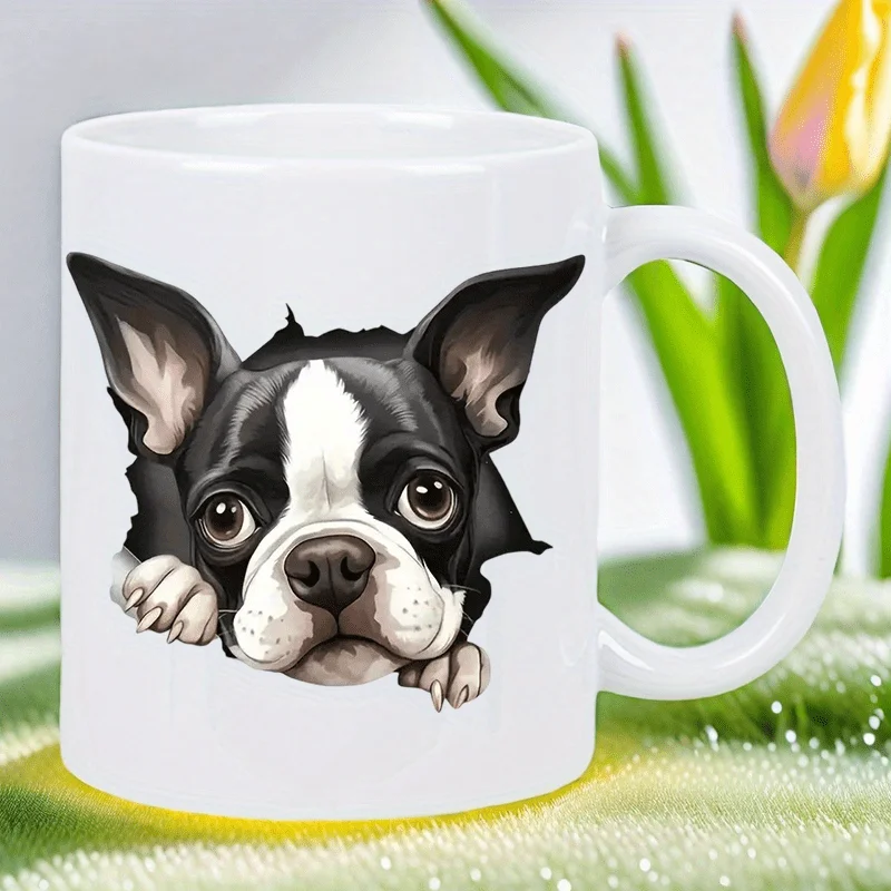 

Adorable Boston Terrier Ceramic Mug - White with Black & White Face, Perfect Gift for Dog Lovers, Hand Wash Only, Reusable, Mult