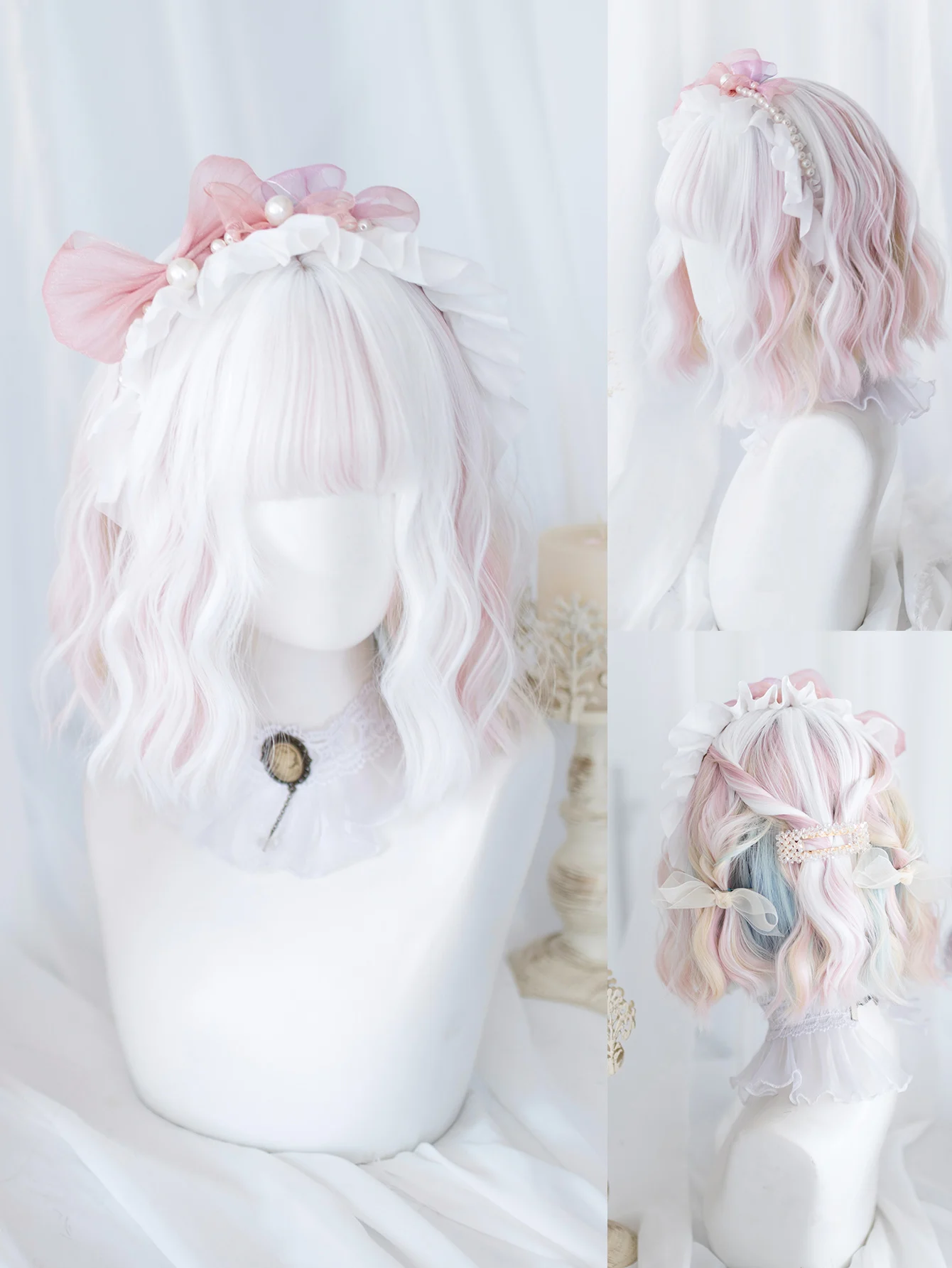 12Inch White Pink Double Color Synthetic Wigs With Bang Short Natural Wavy Hair Wig For Women Cosplay Heat Resistant