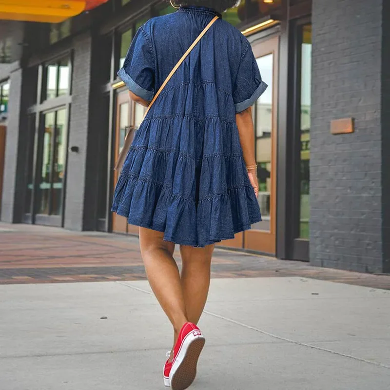 Abito grembiule in denim lavato monopetto taglie forti Donna Estate Nuovi mini abiti larghi con colletto a bavero a maniche corte