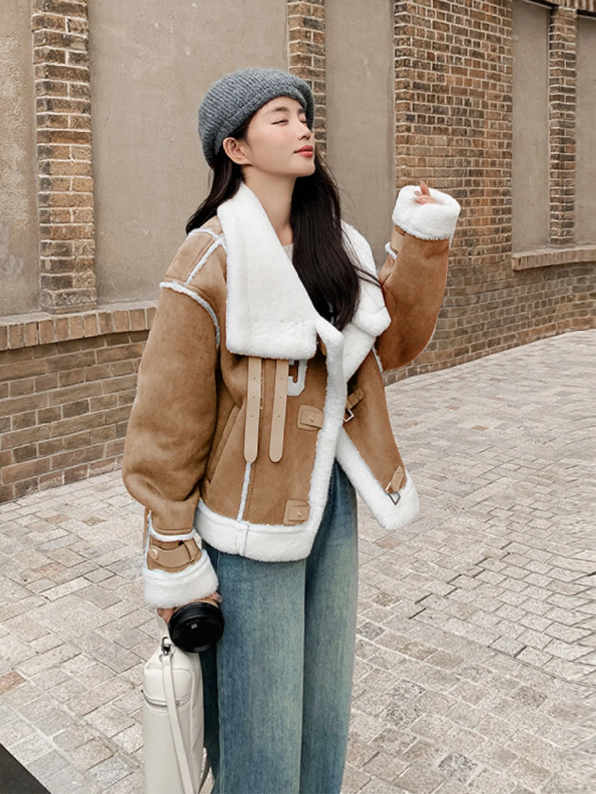 ay Suede Lamb Fur Jaet Women's ort Thiened Autumn Winter Design Unique Motorcycle Sle Commute Sle Long Sve