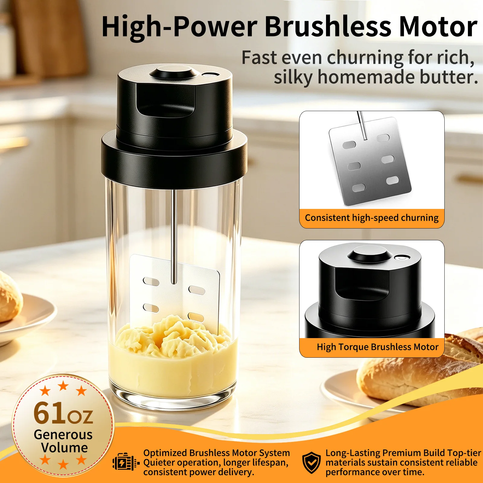 Electric Butter Churner Machine Glass Jar Stainless Steel Butter Maker for Homemade Fresh Creamy Butter