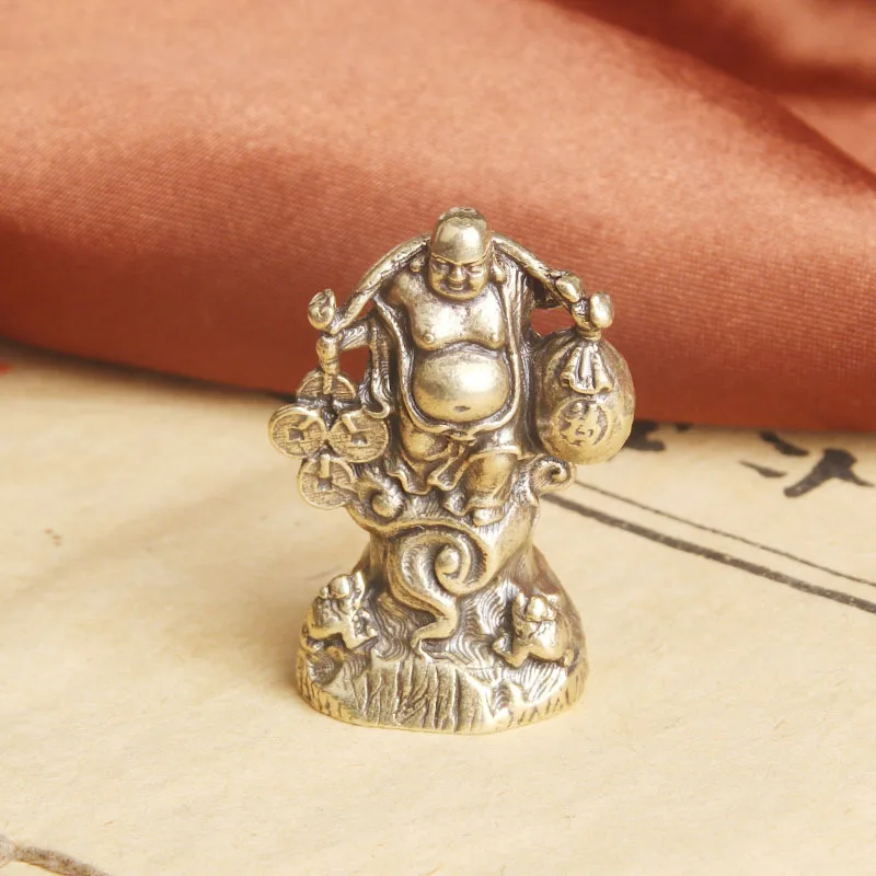 Vintage Pure Brass Wealth Arhat Desktop Ornament Maitreya Buddha Holding Gold Coins Lucky Bag Creative Decoration Old Copperware