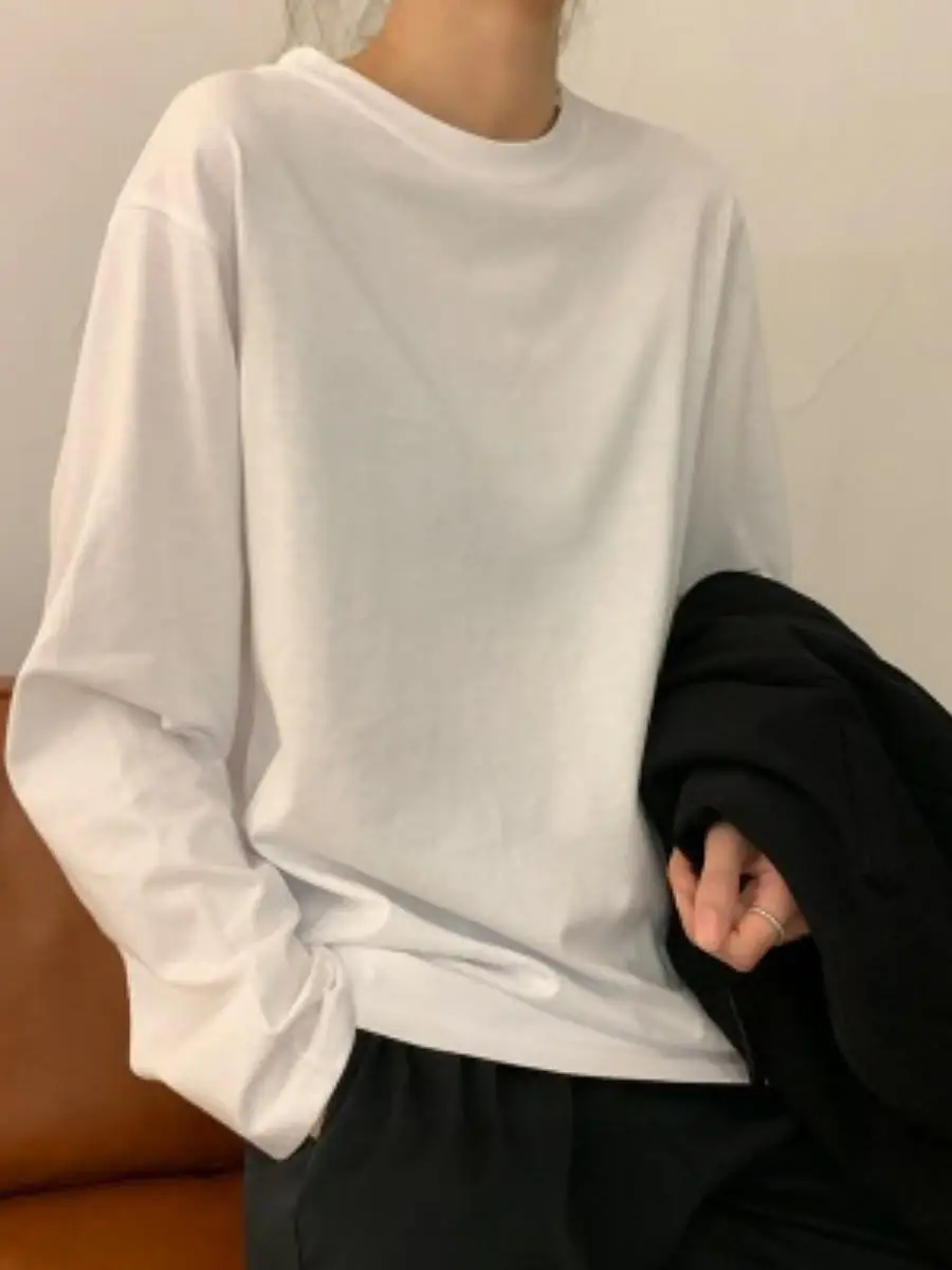 

White Long Sve Base irt Women's Faionable Inner Wear Pure Color Student Trendy T-irt round Ne Splice Design Commut...