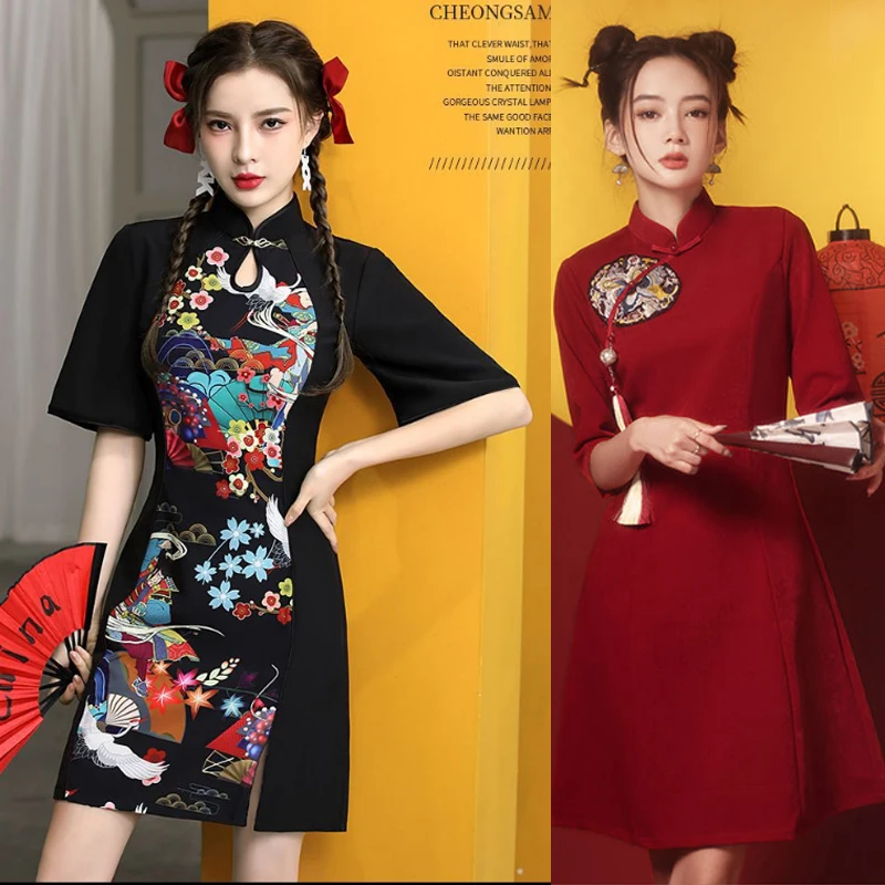 2024 bahar Cheongsam geleneksel çin Qipao kostüm Trendy kısa Vintage elbise seksi kadınlar Modern yeni yıl elbiseler yeni