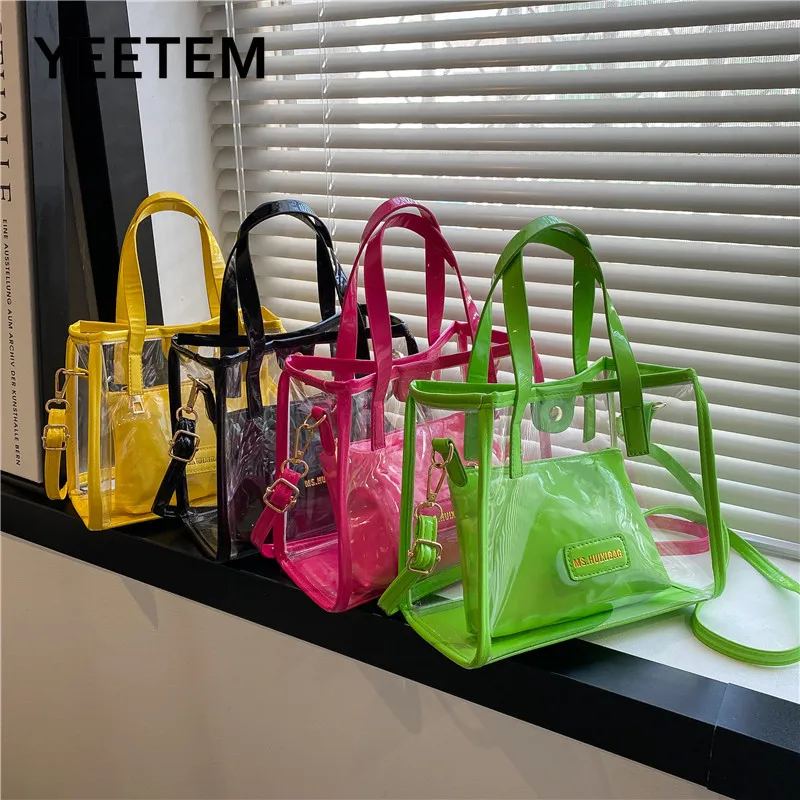 

Fashion Shoulder Bag PVC+PU New Fashion Transparent Jelly Underarm Bag Tote 2 In1 PVC Bucket Handbags bolsa feminina