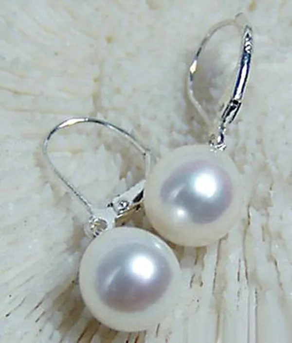 

fashion 10-14MM White South Sea Shell Pearl Silver Dangle Earrings AAA