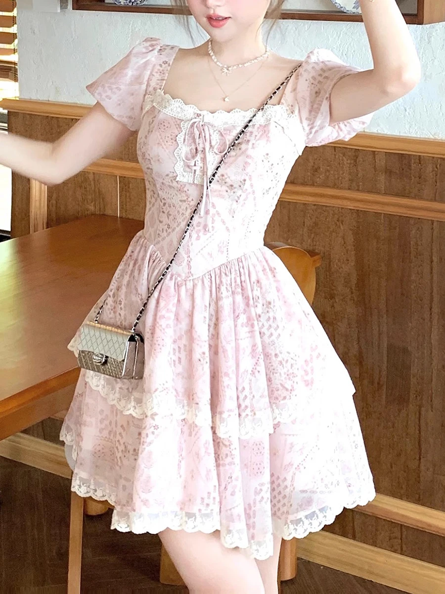 달콤한 꽃무늬 레이스 트림 네트 스커트, 허리 조임 슬림 핑크 케이크 스커트, 여성 여름 A라인 프린세스 스커트