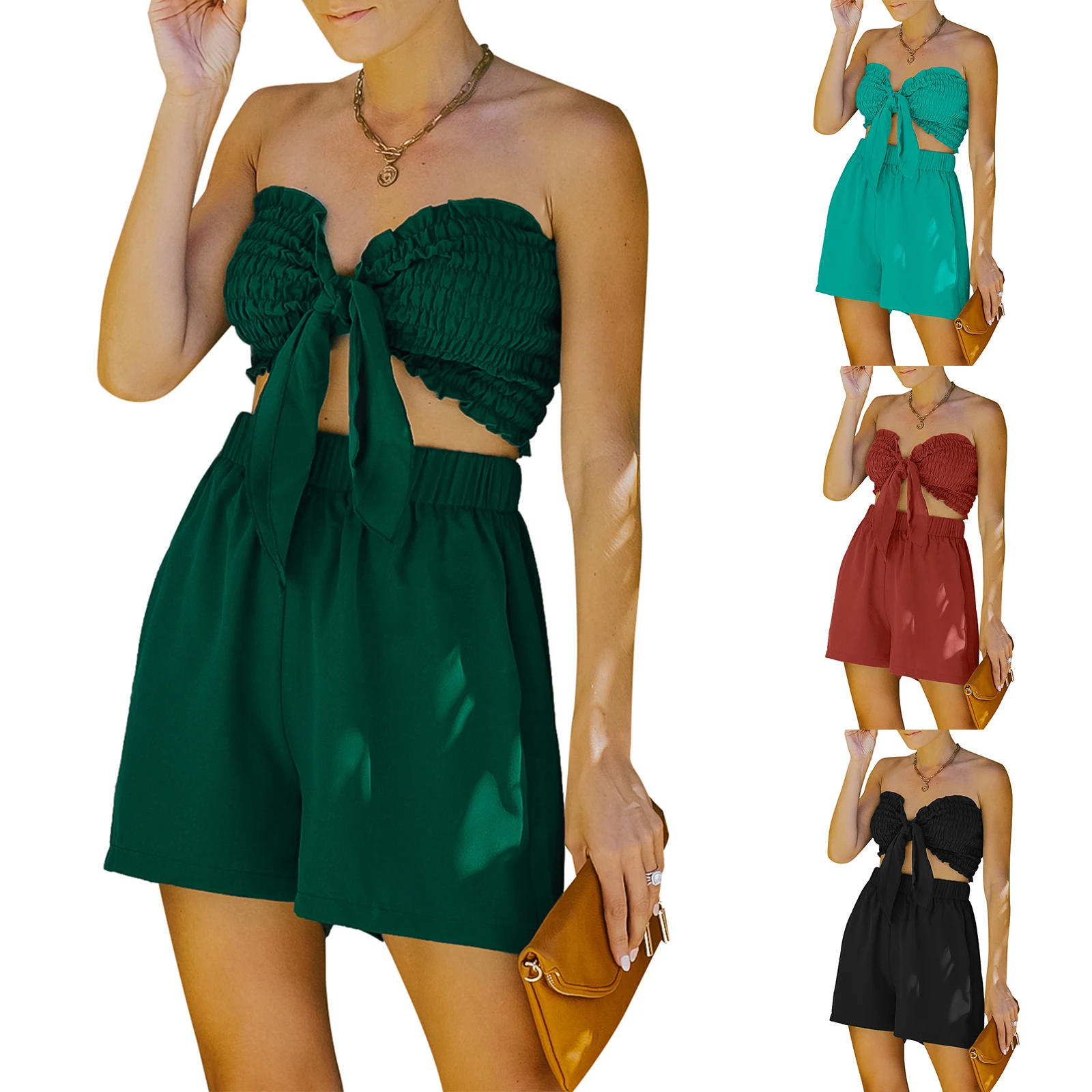 

Summer Women's Beach Style Two-Piece Suit Solid Color Sleeveless Off Shoulder Pleated Crop Tops + Elastic Waist Shorts Set