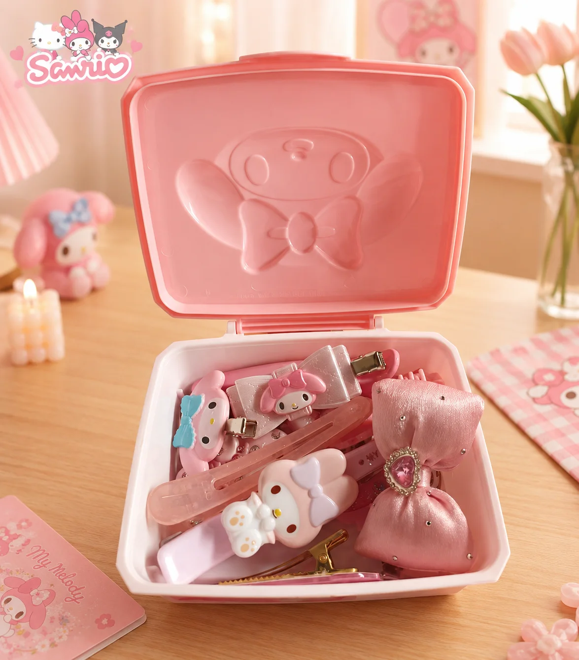 Kawaii Sanrio Hello Kitty My Melody Storage Box Cartoon Flip-Top Organizer for Cotton Swabs Cotton Pads Stationery Vanity Makeup