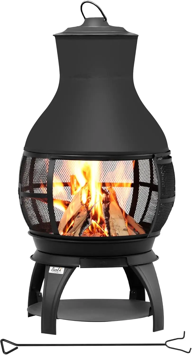 Braço de fogo Queima de lenha Chiminea Lareira externa Pátio Pátio Braço de fogo pequeno, tamanho 17,7" L x 35,6" A, marrom-preto