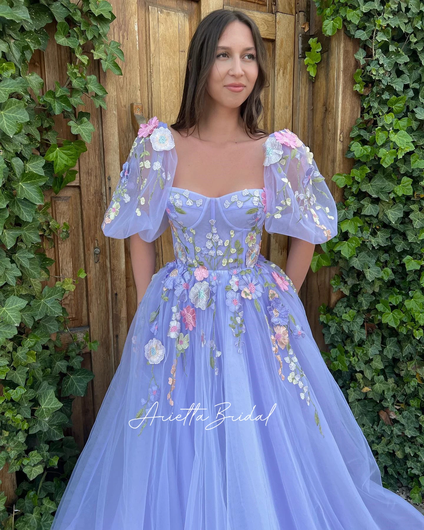 Arietta Lavender Floral Tulle Maxi Prom Dresses Sweetheart Puff Sleeves Flower Appliques A-Line Evening Party Gowns with Pockets