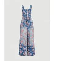 Vintage Washed Floral Print Denim Overalls For Women Adjustable Strap Wide Leg Elegant Daily Fashion Jumpsuit - Image 4