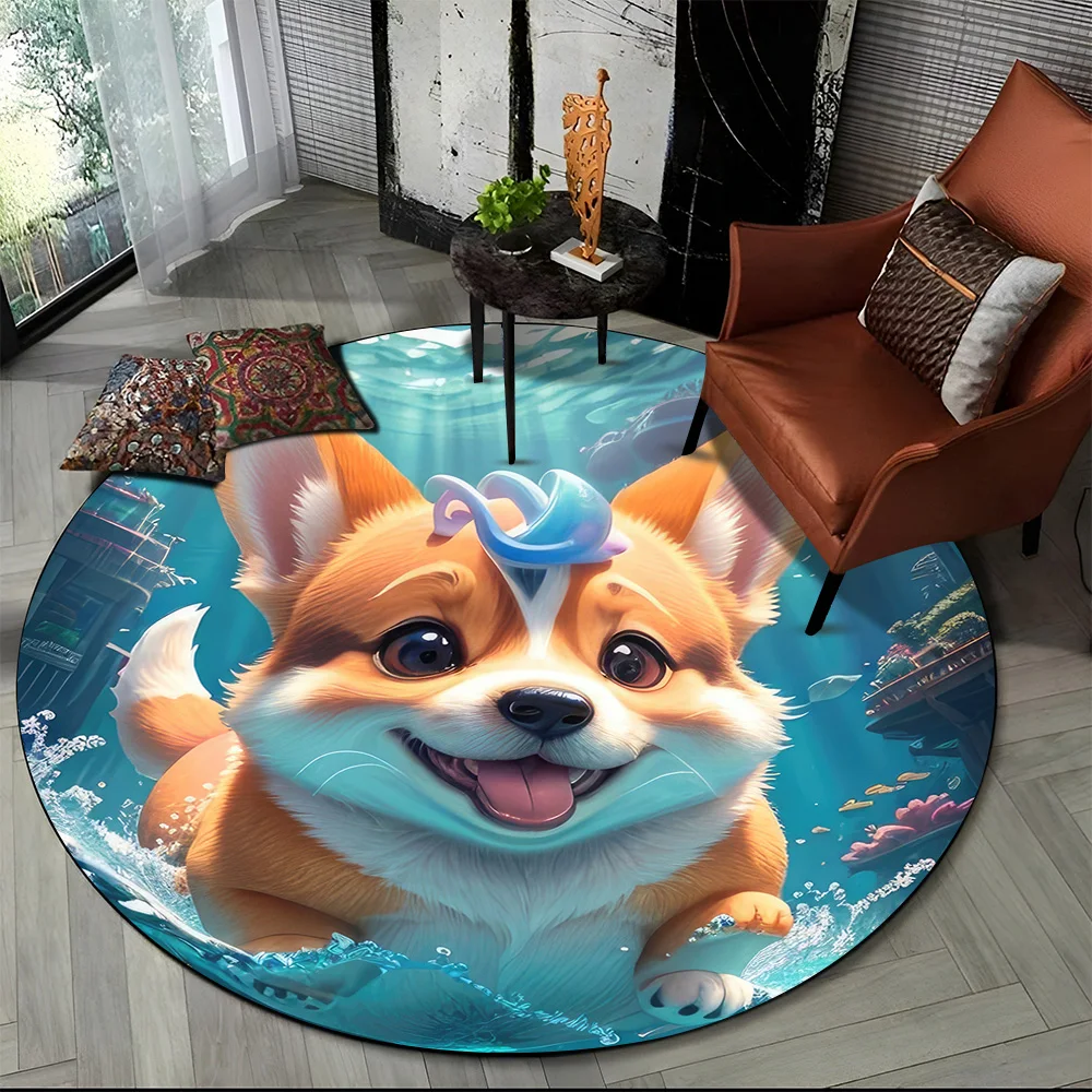 Cute Dog Samoye, Chihuahua, Husky, Koki Cartoon Round Area Rug,Carpet Rug for Living Room Bedroom Sofa Playroom Decor,Non-slip