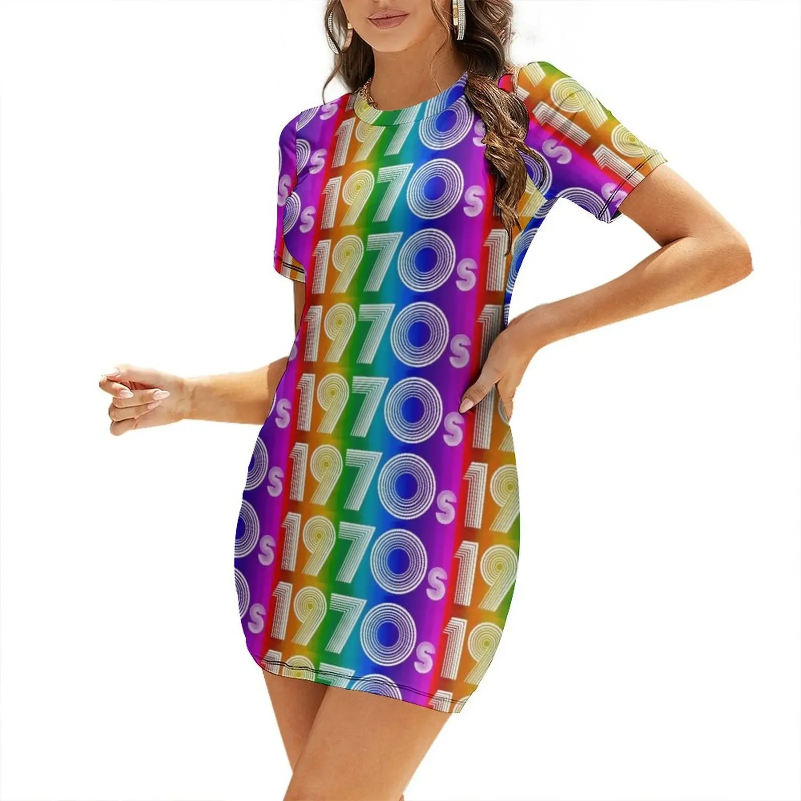 

Rainbow Pride 1970s Retro Disco Font Short-Sleeved Dress Summer women's clothing
