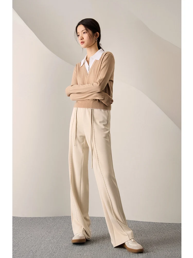 ZIQIAO Casual Style Modal Fabric Straight Pants for Women 2023 Autumn New Drawstring Elastic Waist Height Mopping Pants Female