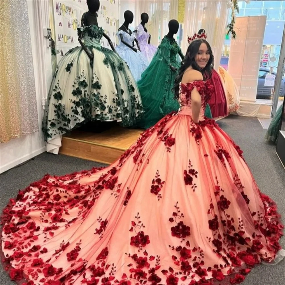 Fora do vestido de baile floral com pérolas no ombro, Vestidos Charro Quinceanera Borgonha, 16 vestidos doces mexicanos, 15 anos