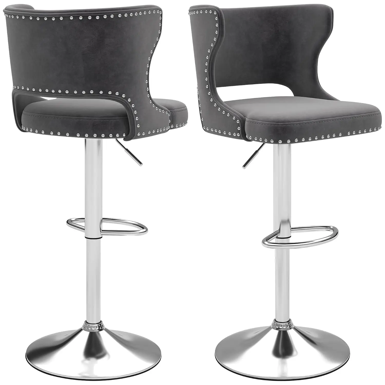 Grey Velvet Swivel Bar Stools Set of 2 Adjustable Counter Height Chairs, Customized
