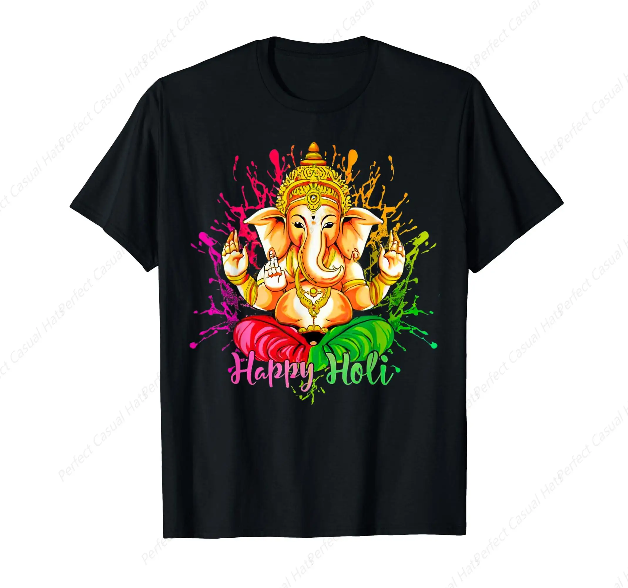 

High Quality Shirt Happy Holi Festival India Colors Ganesha Yoga Hindu Spring T-Shirt Cotton Leisure O-Neck Top