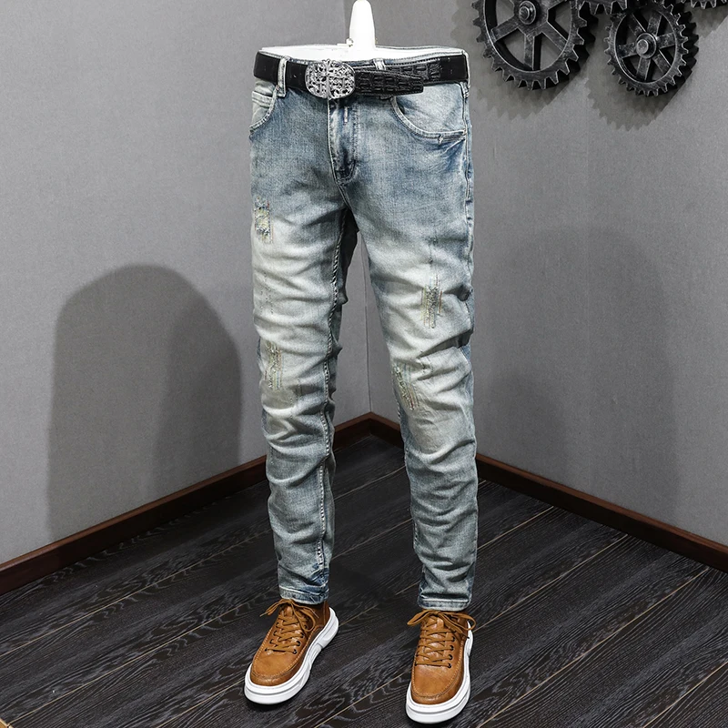 

Street Fashion Men Jeans Retro Washed Blue Stretch Slim Fit Ripped Jeans Men Embroidery Designer Vintage Casual Denim Pants