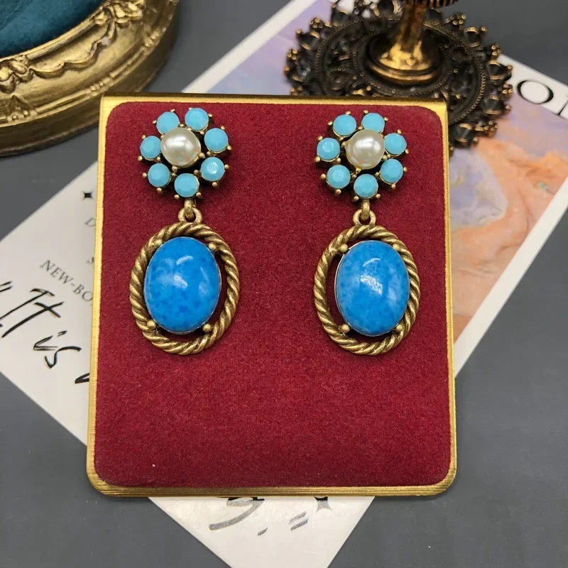 Draweye Flowers Dangle Earrings for Women Blue Geometric Palace Style Vintage Jewelry Fashion Dinner Party Aretes De Mujer