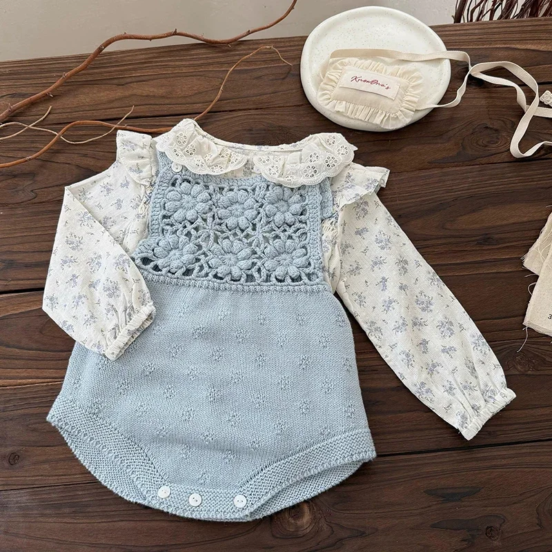 بلوزة بناتي ذات طية صدر السترة مع قميص مزين بالزهور بلوزات قطنية للربيع والخريف بأكمام طويلة للأطفال البنات بياقة بيتر ملابس أطفال