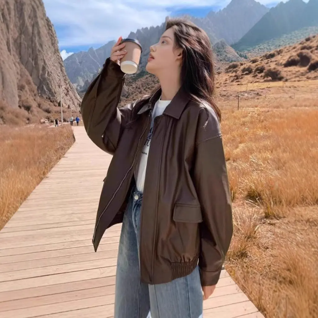 레트로 브라운 가죽 재킷 여성용 숏 스타일 봄 가을 작은 사이즈 한국 버전 루즈 바이커 코트