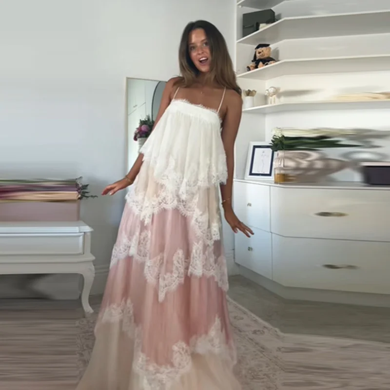 

Romantic Pink White Lace Tiered Maxi Dress Elegant Sweet Flowy Chiffon Women Dresses Summer Beach Wedding Guest Trendy Outfit
