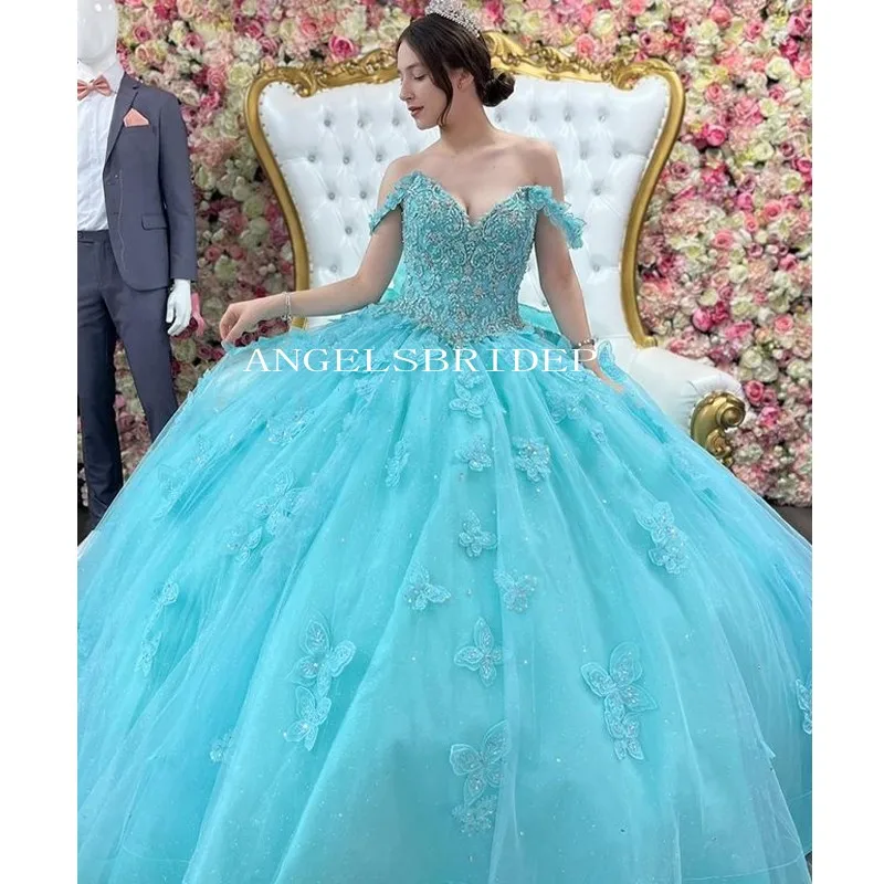 

Angelsbridep Off-Shoulder Ball Gown Princess Quinceanera Dress Beading Appliques Glitter Blue Vestido De 15 Anos With Big Bow