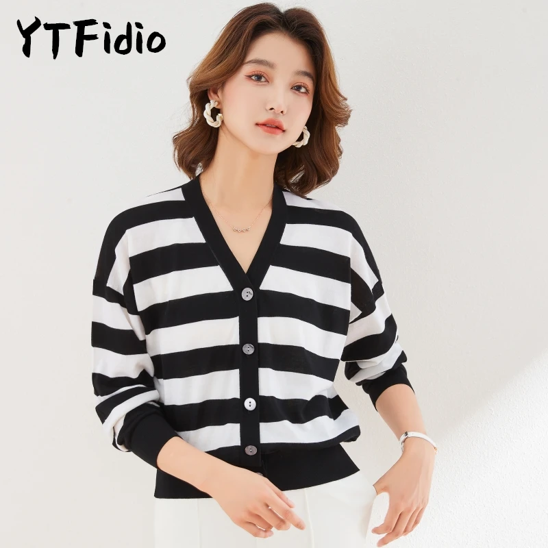 

YTFidio 100% Wool Women Wide Striped V-neck Cardigan with Long Sleeves Casual Soft Warm Knitwear Tops 75