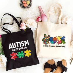 Canvas Tote Bags Accept Love and Understand Handbag Autism Awareness Color Puzzle Block Reusable Women's Shoulder Shopping Bag