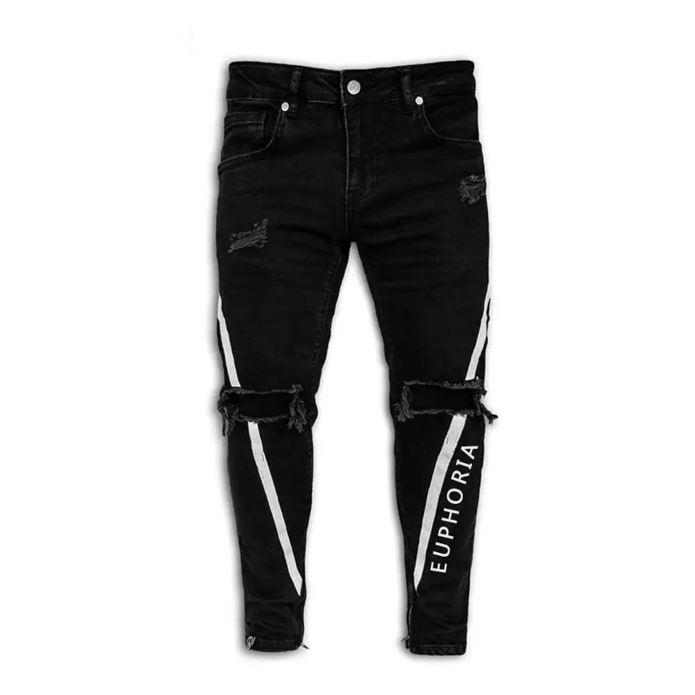 Nice Pop Men Stretch Ripped Pants Streetwear Mens DenimJeans Men Elastic Waist Skinny Jeans Printing  Locomotive  Jeans