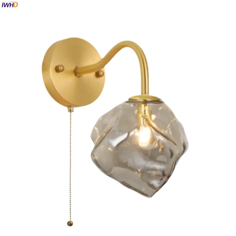 

IWHD American Grey Glass LED Wall Lamp Living Room Loft Bedside Bathroom Mirror Light Vintage Copper Home Decoration Wandlamp