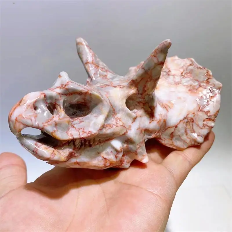 13CM Natural Red Networl Stone Dinosaur Skull Crystal Carving Healing Fashion Home Decoration Birthday Present 1pcs