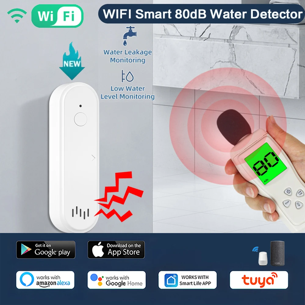 Tuya WiFi Smart Water Leak Sensor Water Overflow Level Detector Security Sound Alarm System Flood Leakage Sensor Remote Monitor