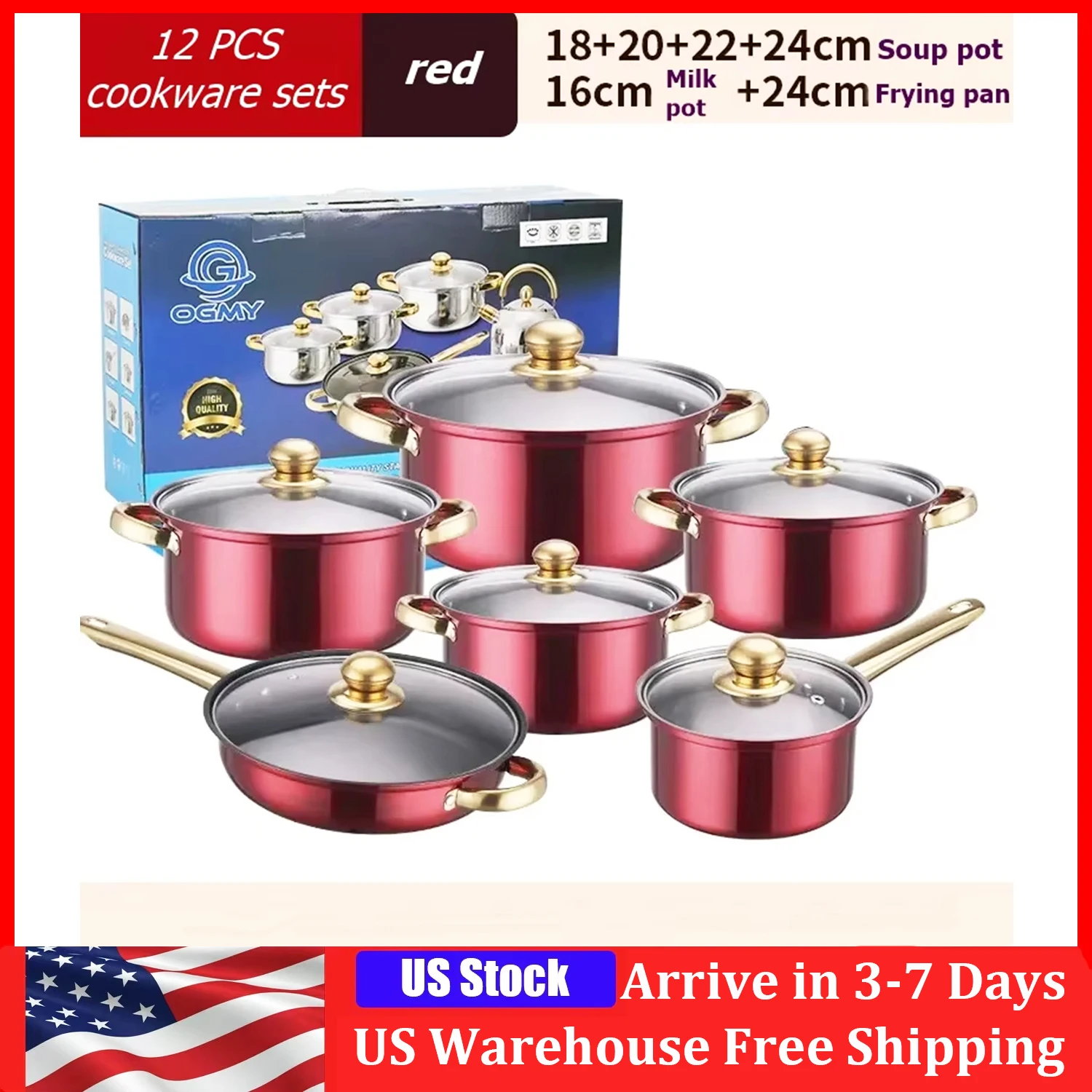 

Набор посуды из 12 предметов из нержавеющей стали: кастрюля для молока, сковорода, антипригарная сковорода, кухонная утварь с позолоченными ручками, суповая кастрюля