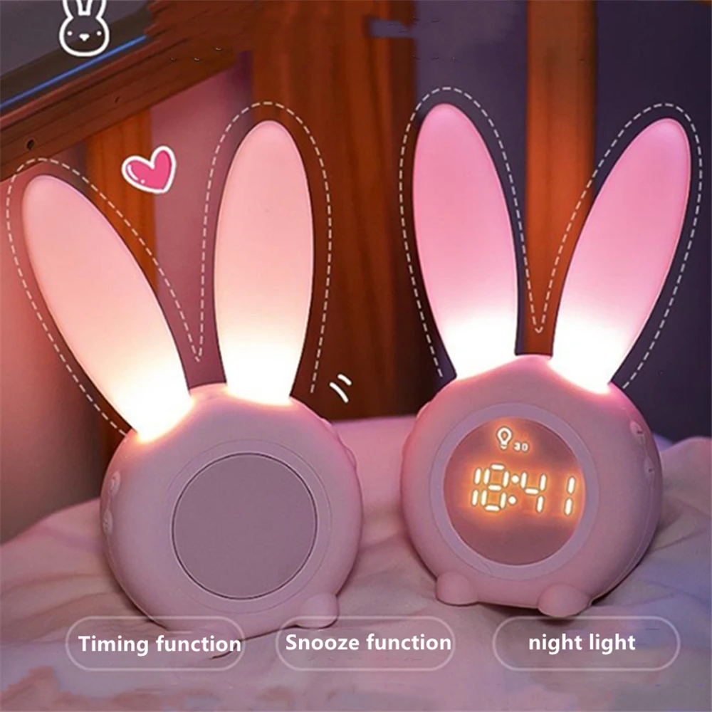 Kids Alarm Clock Cute Rabbit Digital Sound Control Clock for Children Night Light Bedside Clock Sleep Music Snooze Clock for Kid