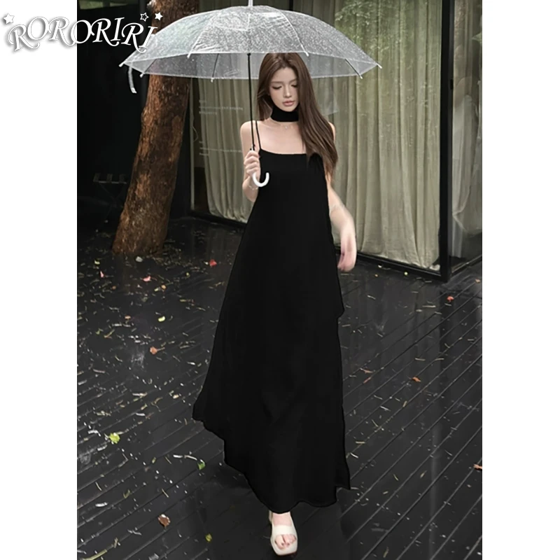 

RORORIRI Desire Black Scarf Neck Camisole Dress Women Vintage Solid Satin Loose A-line Draped Long Dress Summer Holiday Clothes